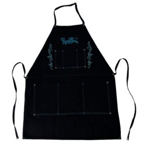 Apron Rinsed Black w/Adj. Neck Strap Flames/Script Logo Blue