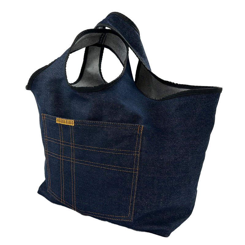 Grocery Bag Blue Denim Varsity Logo White - Image 2